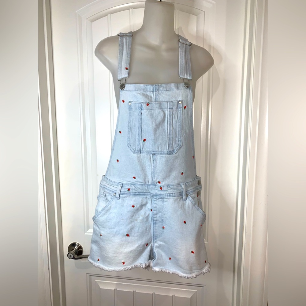 Tinseltown Light Blue Denim Short Overalls with Strawberry Accents- XL